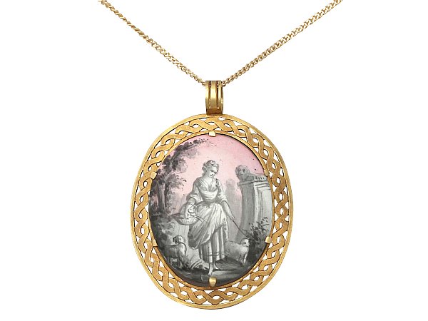 Antique French Painted Enamel Mother of Pearl and Yellow Gold Pendant Circa 1880