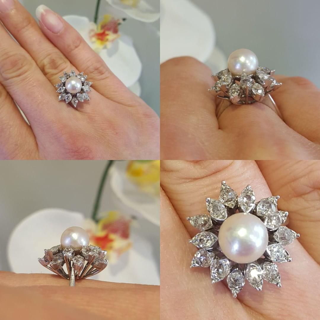 pearl diamond yellow gold ring with white gold setting
