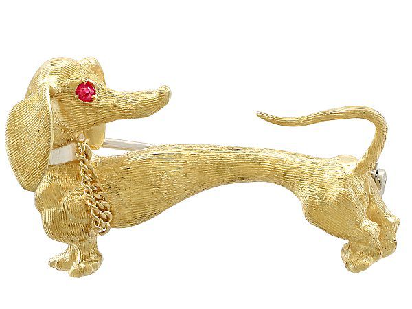 Vintage Ruby and Yellow Gold Dachshund Brooch