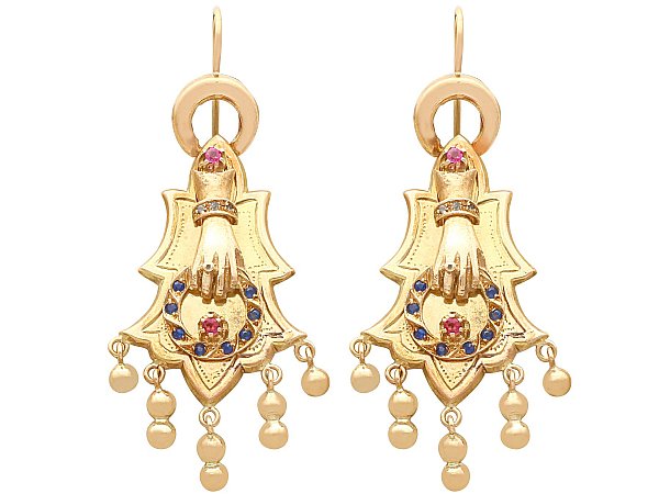 sapphire and ruby gold earrings
