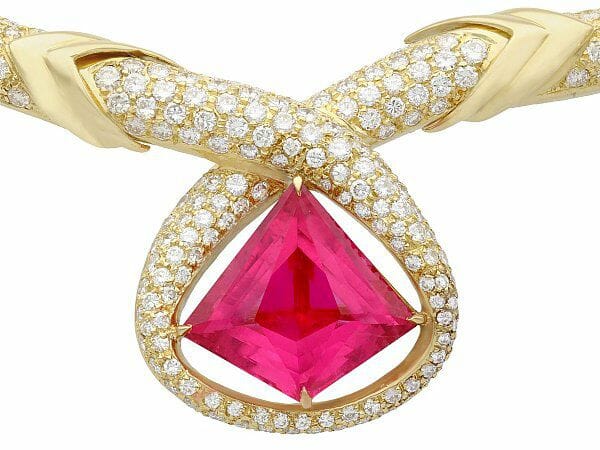 pink tourmaline and diamond with yellow gold necklace