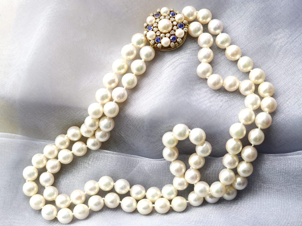  vintage double strand cultured pearl necklace with sapphires and diamonds