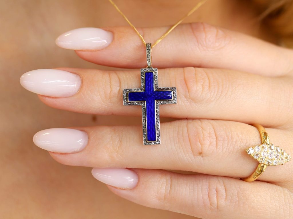 blue enamel and diamond cross pendant 