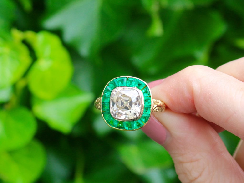 emerald and diamond Victorian halo ring