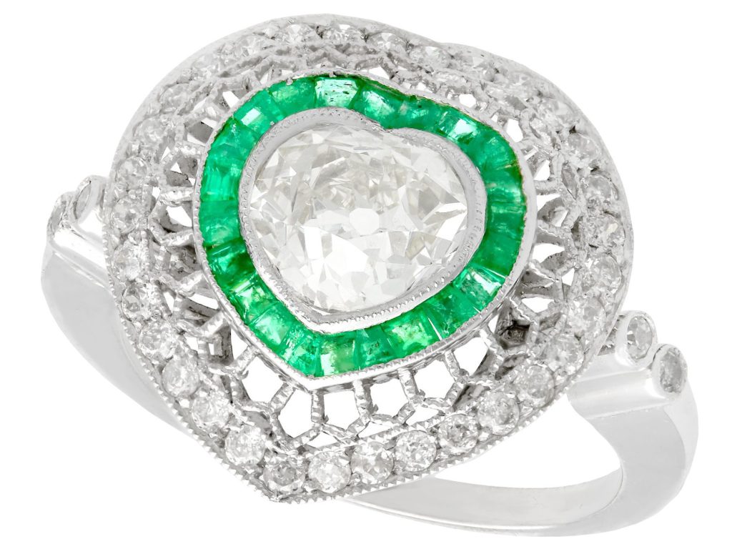 diamond and emerald heart shaped halo ring