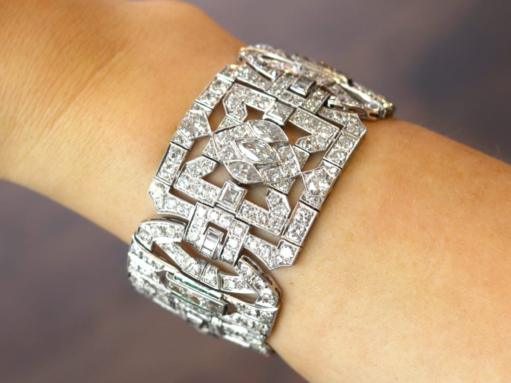 diamond and emerald platinum Art Deco bracelet