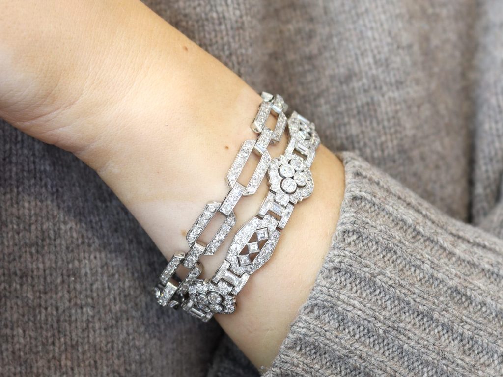 diamond bracelets stacked on wrist 