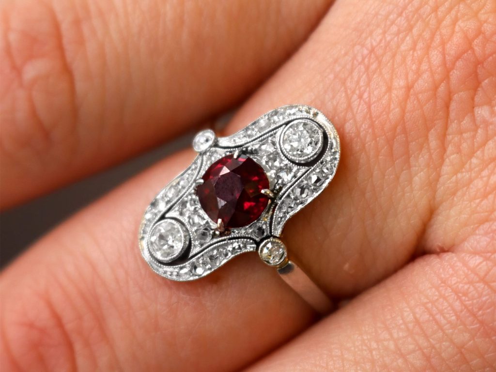 Edwardian ruby diamond ring on finger 