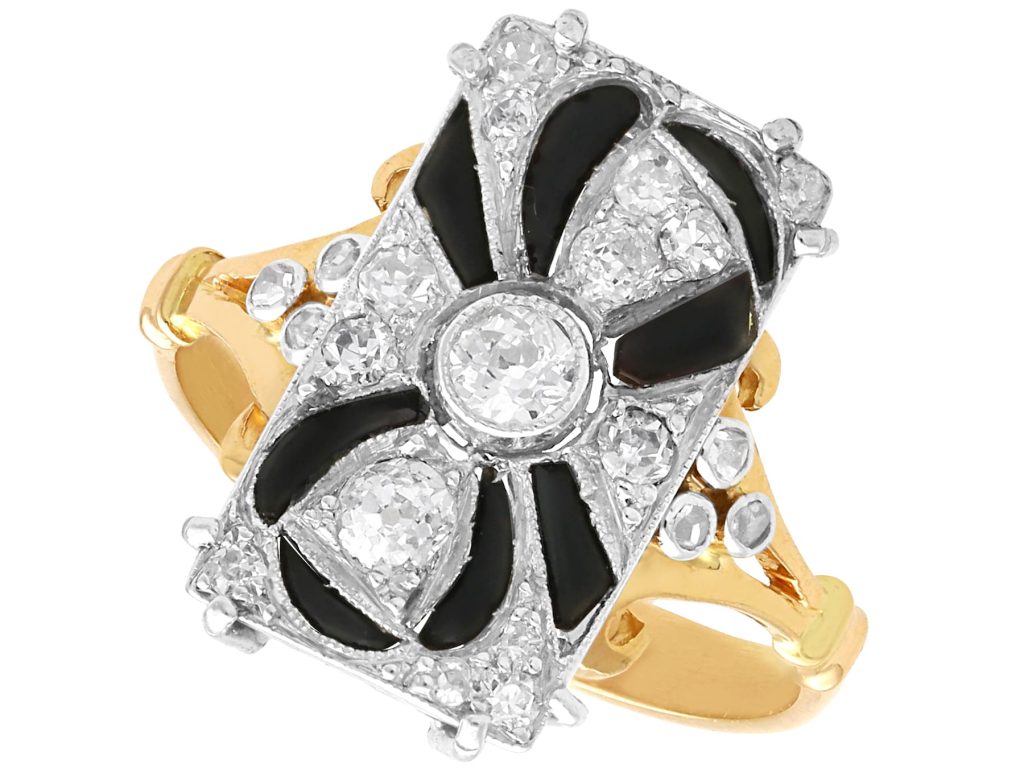 Black Onyx and 0.46ct Diamond, 18ct Yellow Gold Ring - Art Deco - Antique Circa 1930