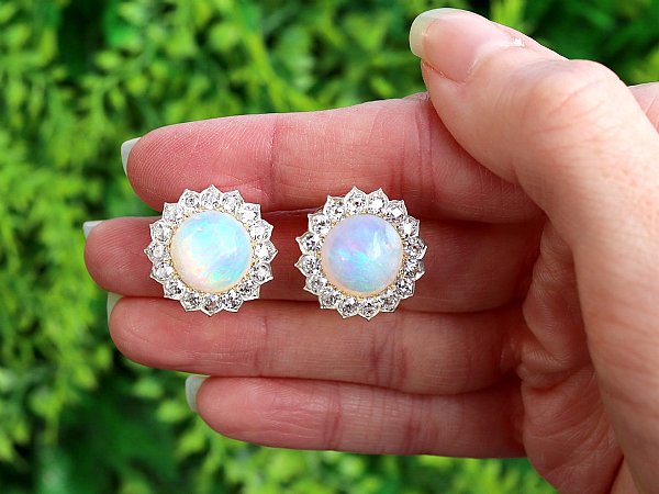 opal earrings with diamond and yellow gold 